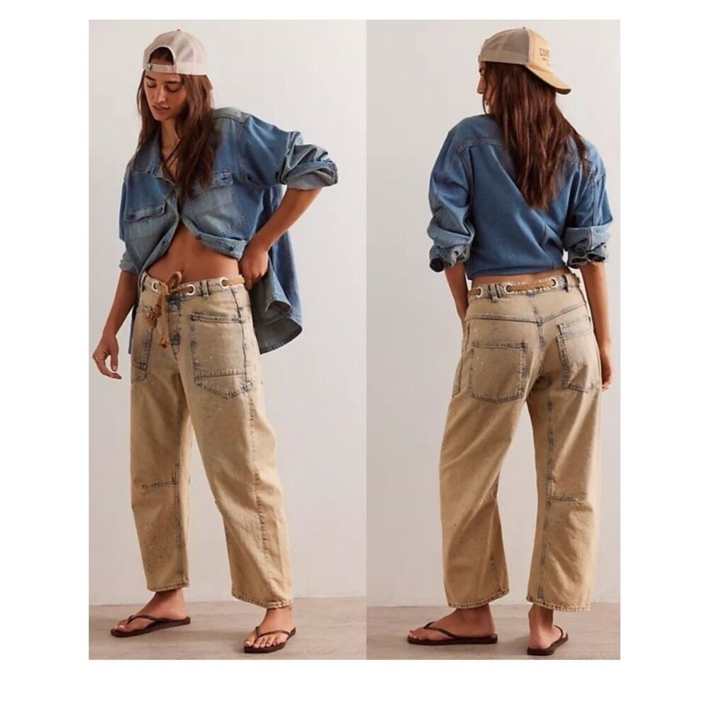 We The Free Moxie Pull-On Barrel Jeans in Cowboy Khaki Paint Splatter Sz 28 NWT